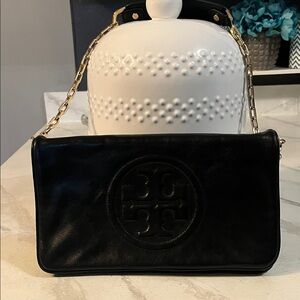 Tory Burch Black Leather Clutch with Gold Chain